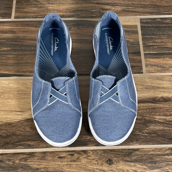 Clarks Breeze Skip Womens Size 8.5 Wide Shoes Blue Denim Sparkle Comfort Slip On - Picture 11 of 12